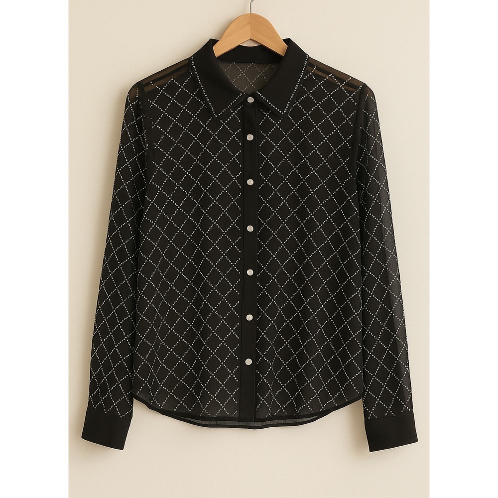 Fashion Nova Black Sheer Diamond Rhinestone Studded Collared Button blouse sz 2X